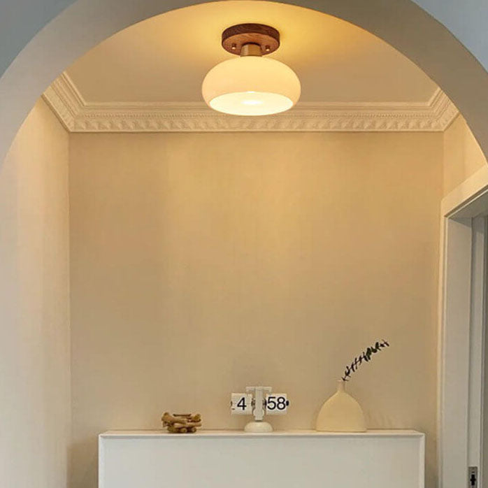 Vintage Walnut Brass Round Semi-Flush Mount Ceiling Light