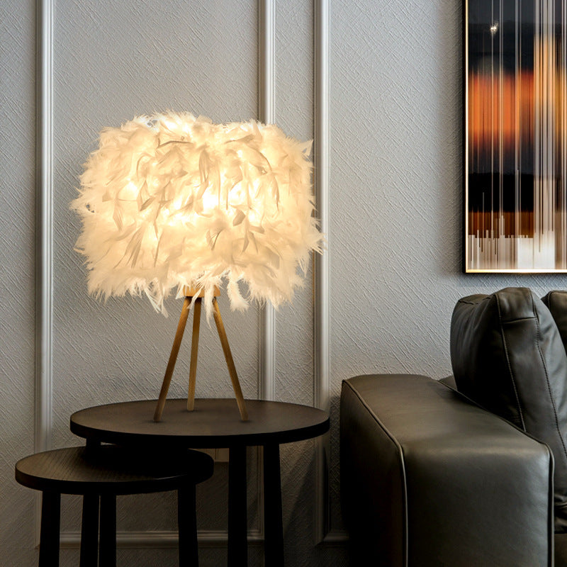 Art Deco Feather Wood Cylinder Table Lamp - 1-Light Design for Bedside