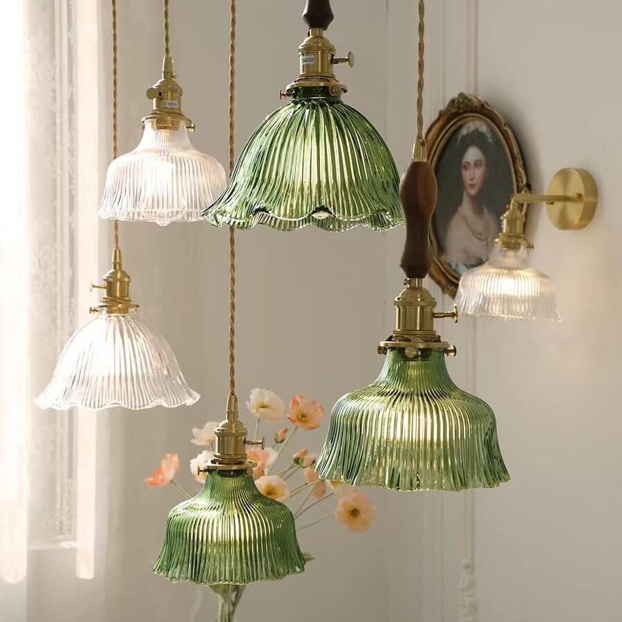 Modern Minimalist Copper and Walnut Pendant Light with Glass Shade
