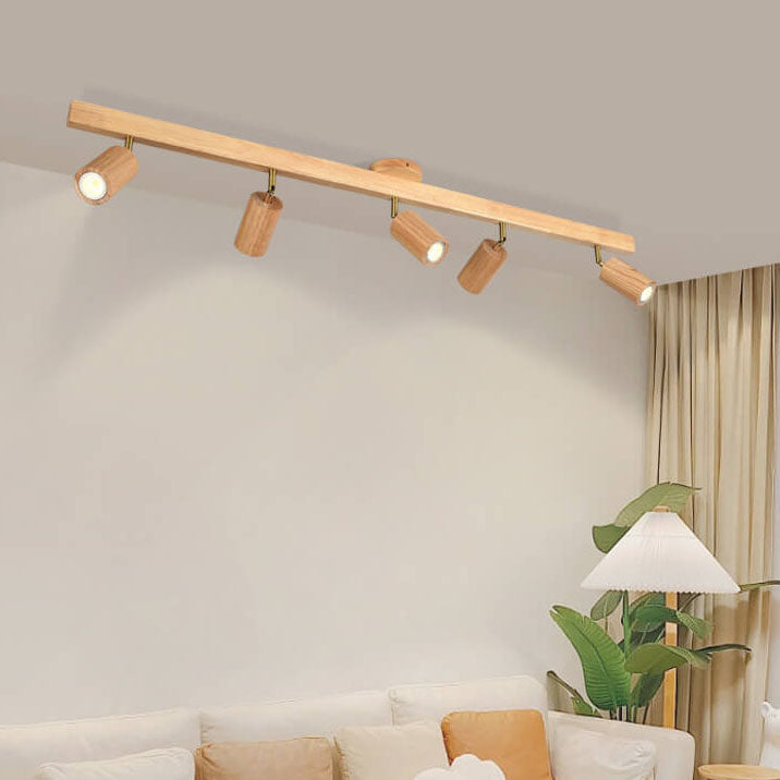 Japanese Minimalist LED Semi-Flush Mount Wooden Track Lighting - 2/3/4/5 Light Options
