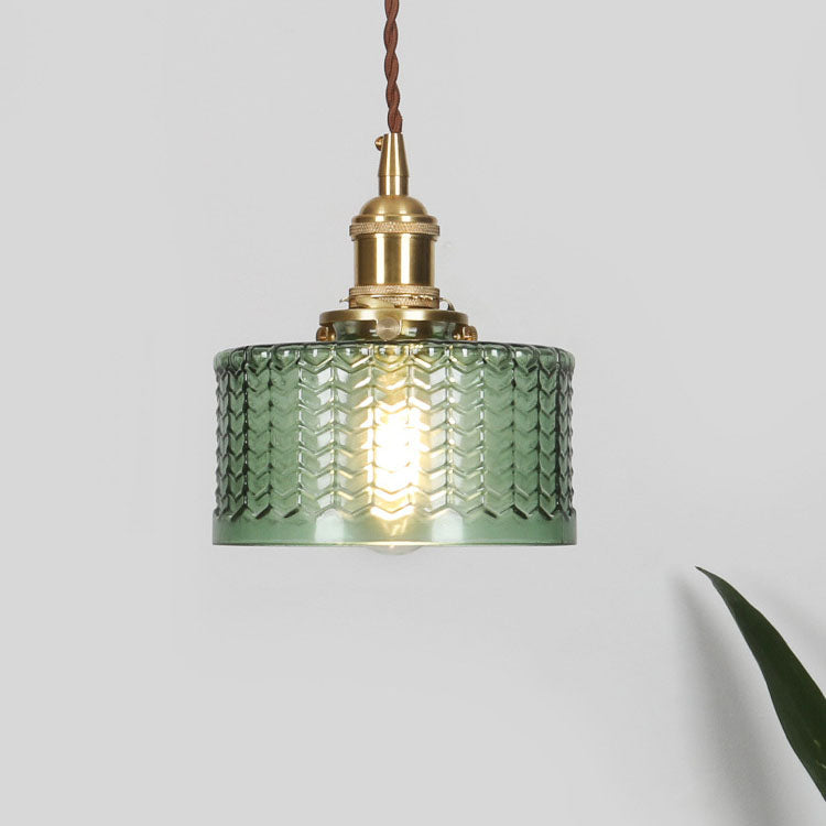 Vintage Japanese Brass and Glass Round Pendant Light