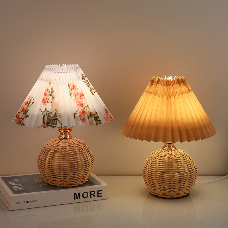 Nordic Rattan Pleated LED Table Lamp for Bedroom