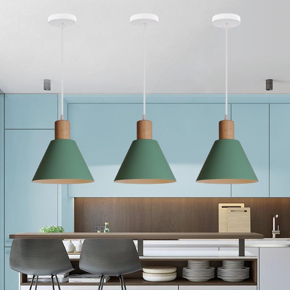 Nordic Vintage Iron Cone Pendant Light with Wood Top
