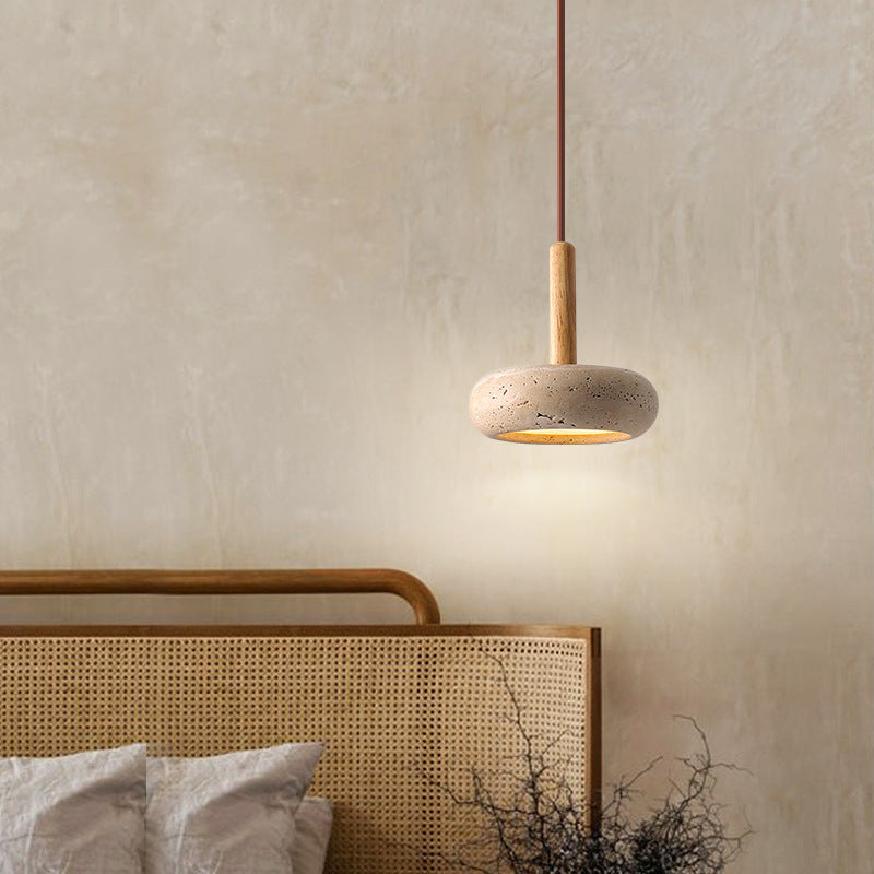 Japanese Round Yellow Travertine LED Pendant Light for Bedroom