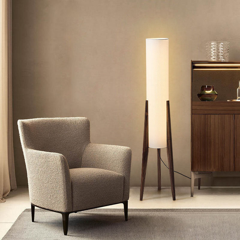 Premium Chinese Fabric Cylinder Shade Wood Tripod Floor Lamp - 1-Light Design for Study