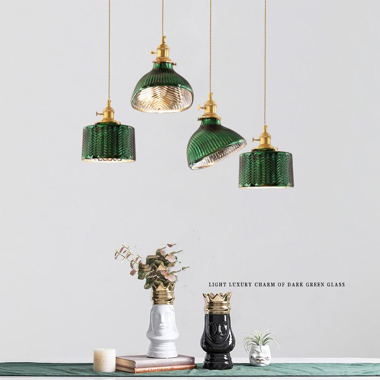 Nordic Vintage Green Brass Glass Island Chandelier - 1, 2, or 3 Lights