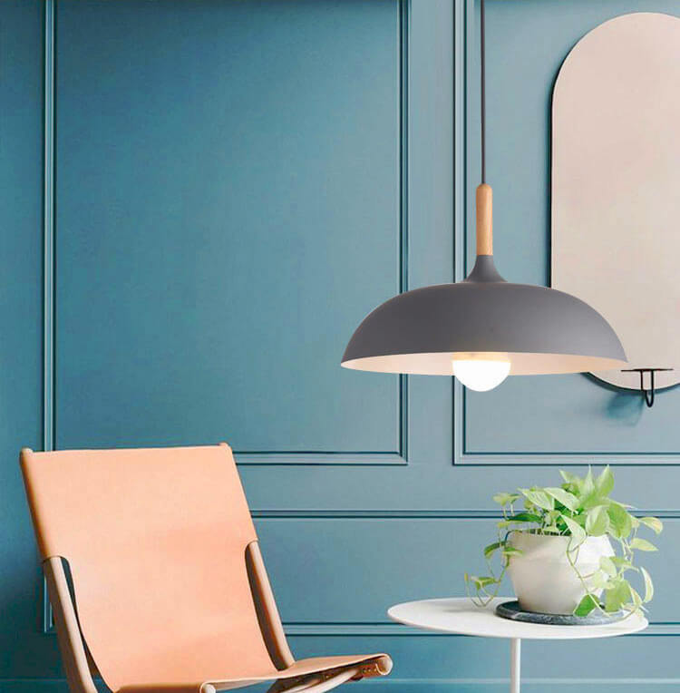 Contemporary Metal & Wood Dome Pendant Light
