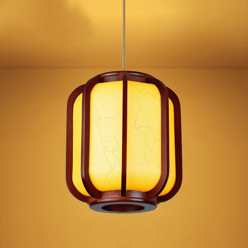 Contemporary Wooden Lantern Pendant Light with Faux Sheepskin - 1-Light