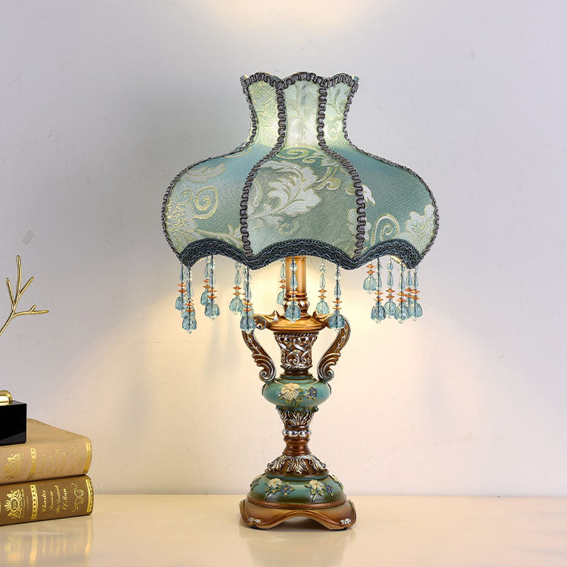 European Blue Fabric Tassel Table Lamp - 1-Light Design for Bedroom