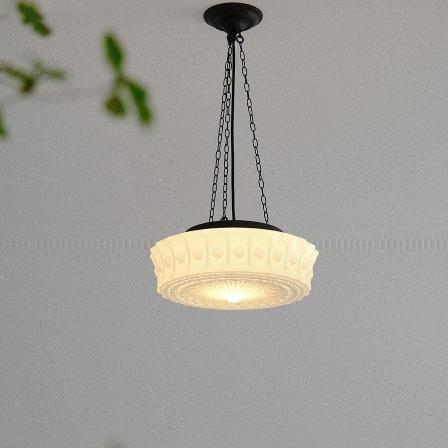 Vintage White Jade Glass Round Drum LED Ceiling Light