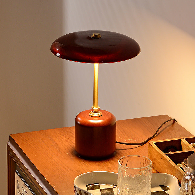 Modern Retro Brass and Wood Round LED Table Lamp
