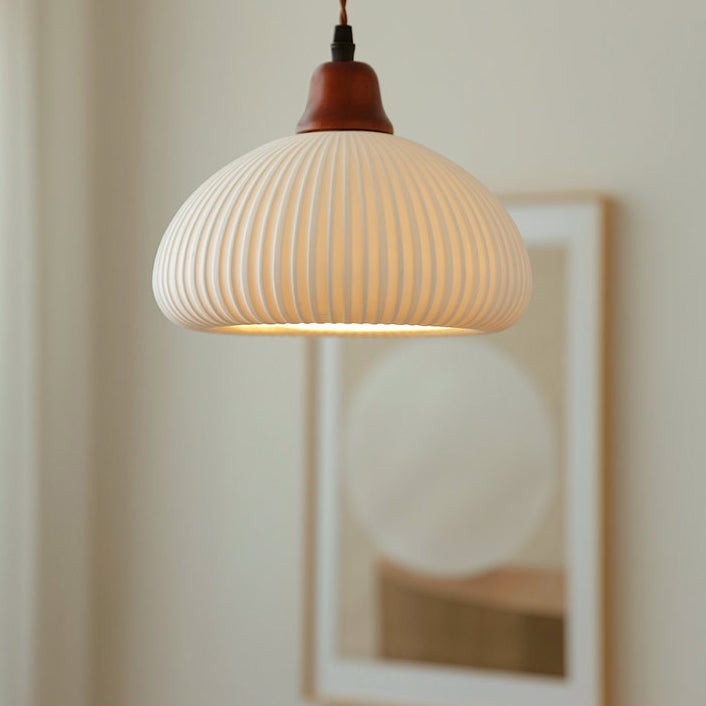 Vintage Japanese Ceramic Dome Pendant Light with Wood