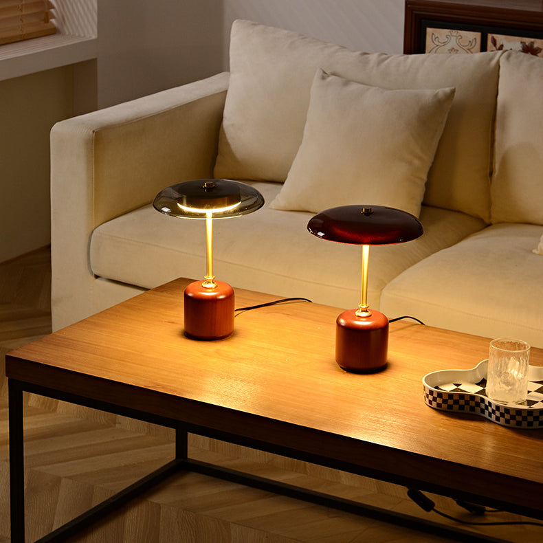 Modern Retro Brass and Wood Round LED Table Lamp