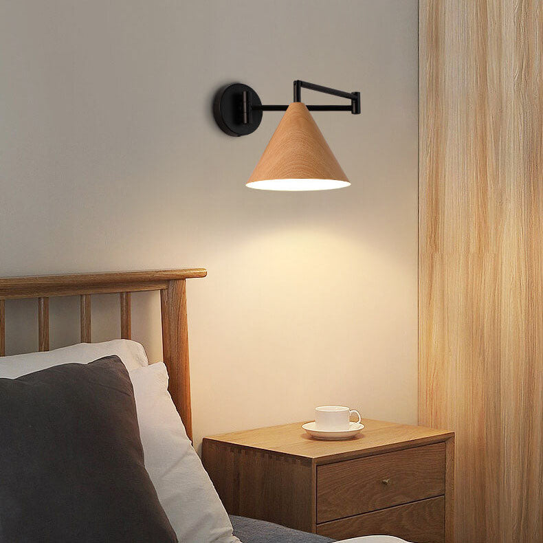 Nordic Wood-Grain Iron Cone Wall Sconce