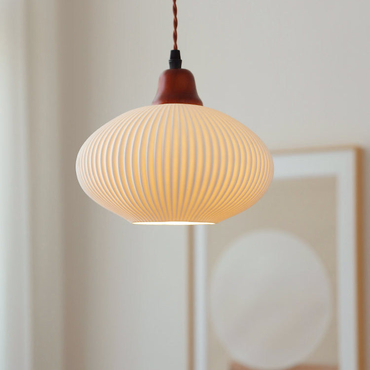 Vintage Japanese Ceramic Dome Pendant Light with Wood