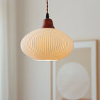 Vintage Japanese Ceramic Dome Pendant Light with Wood