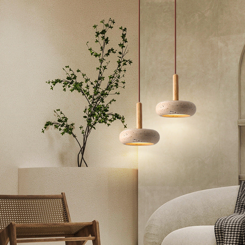 Japanese Round Yellow Travertine LED Pendant Light for Bedroom