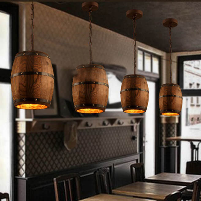 Rustic Round Wooden Wine Barrel Pendant Light