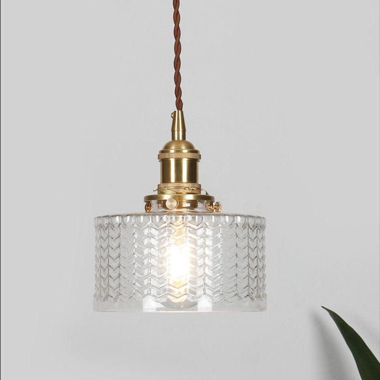 Vintage Japanese Brass and Glass Round Pendant Light