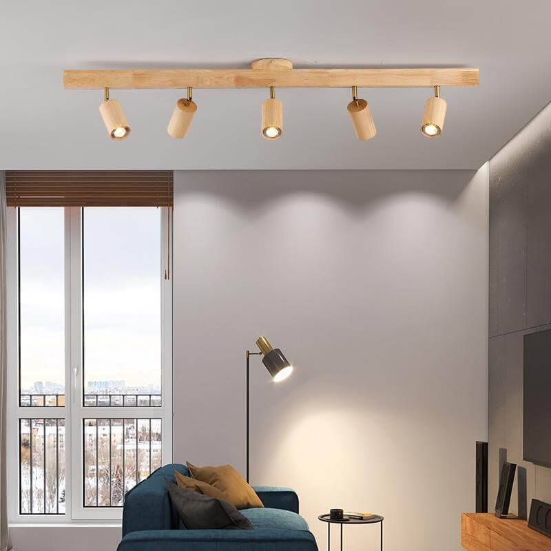 Japanese Minimalist LED Semi-Flush Mount Wooden Track Lighting - 2/3/4/5 Light Options