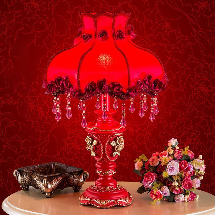 Red Fabric Tassel Table Lamp - European Design, 1-Light