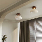Vintage Walnut Brass Round Semi-Flush Mount Ceiling Light