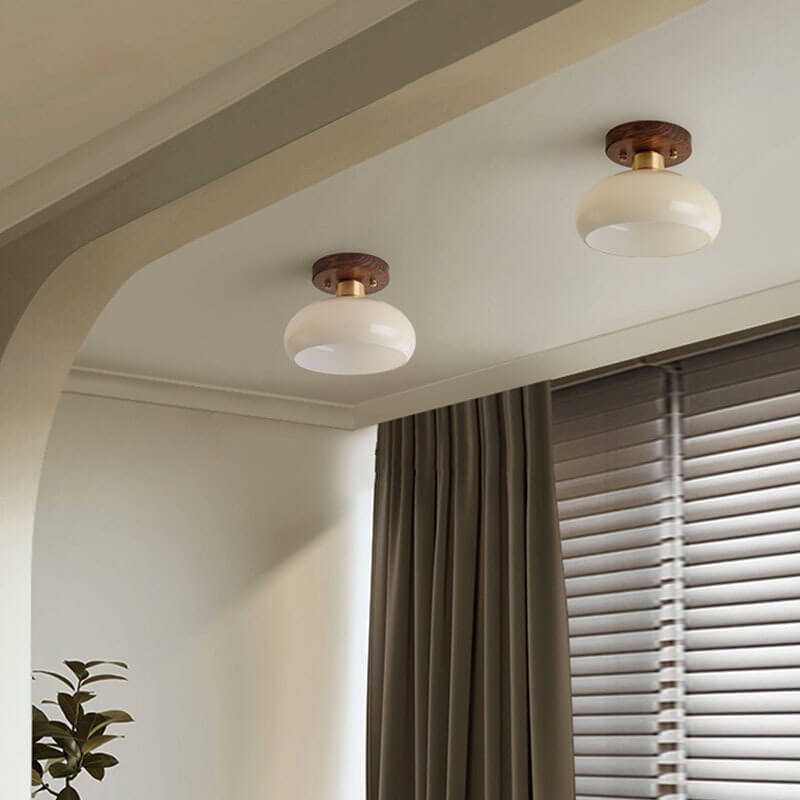 Vintage Walnut Brass Round Semi-Flush Mount Ceiling Light