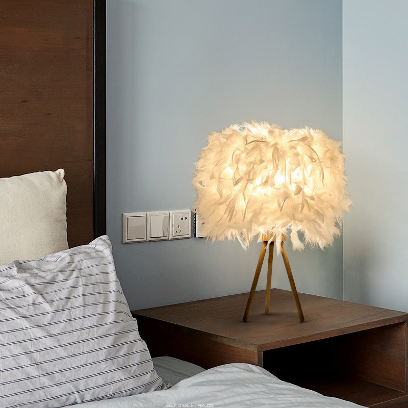 Art Deco Feather Wood Cylinder Table Lamp - 1-Light Design for Bedside