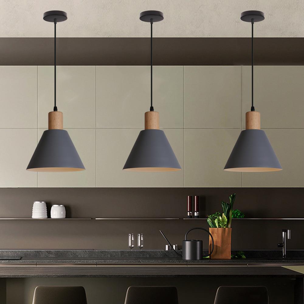 Nordic Vintage Iron Cone Pendant Light with Wood Top