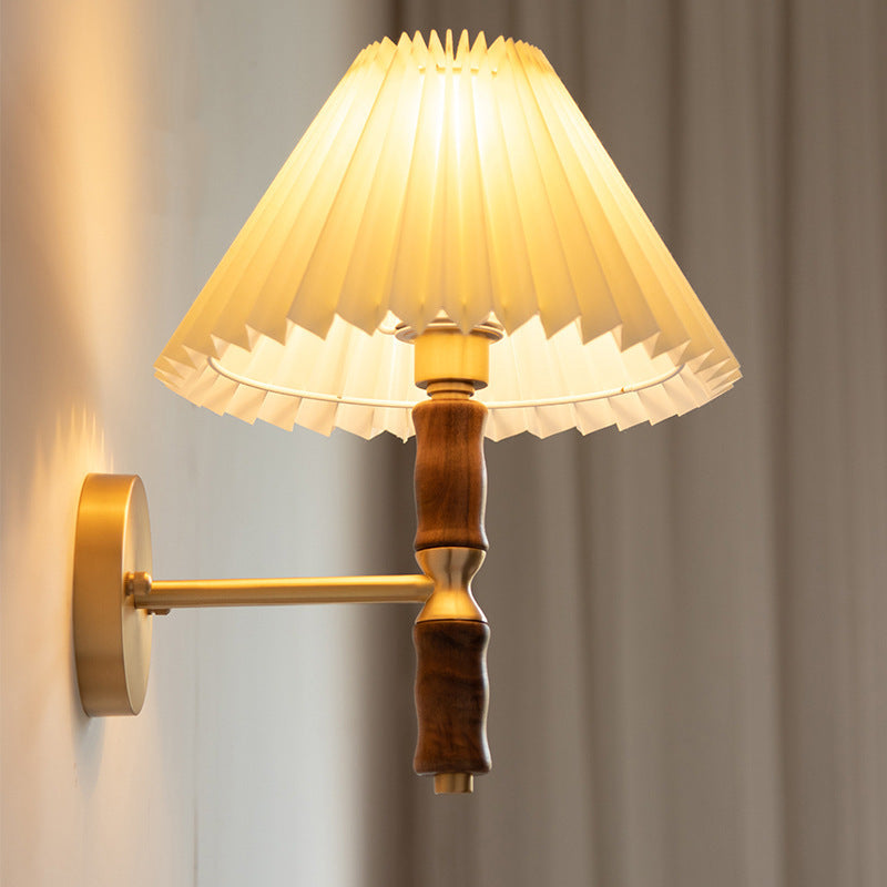 Vintage Japanese Walnut Pleated Wall Sconce Lamp