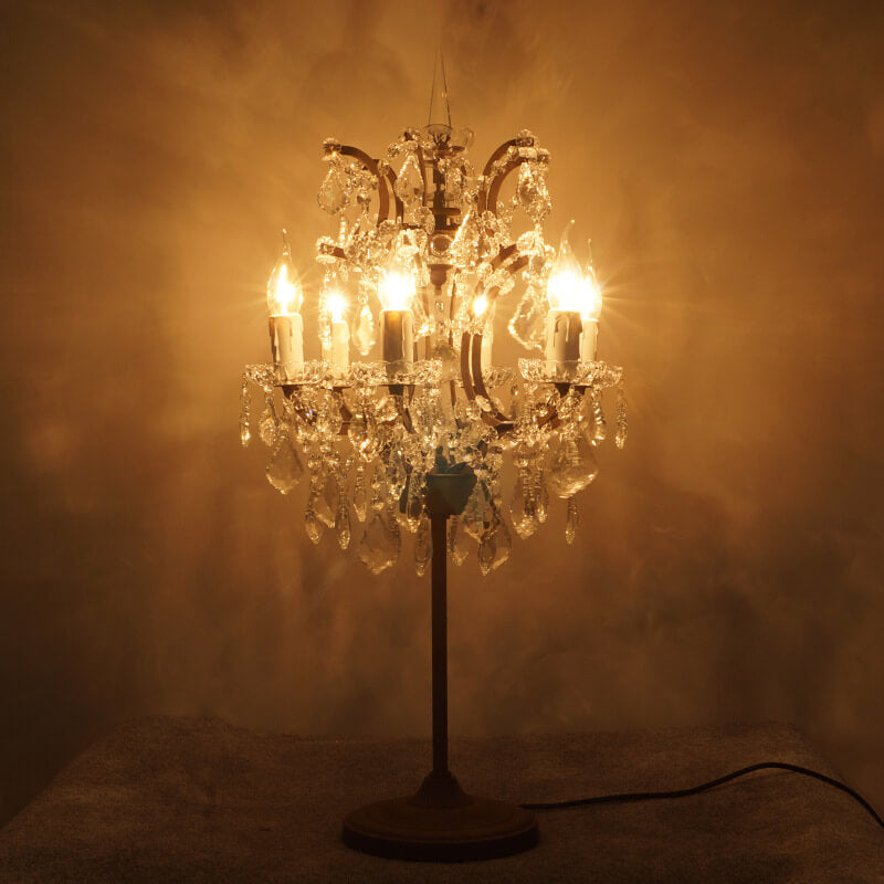 Rustic Vintage French Crystal 6-Light Candelabra Table Lamp
