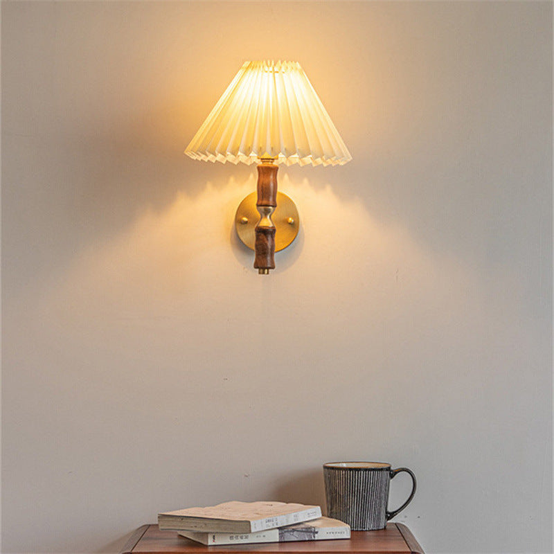Vintage Japanese Walnut Pleated Wall Sconce Lamp