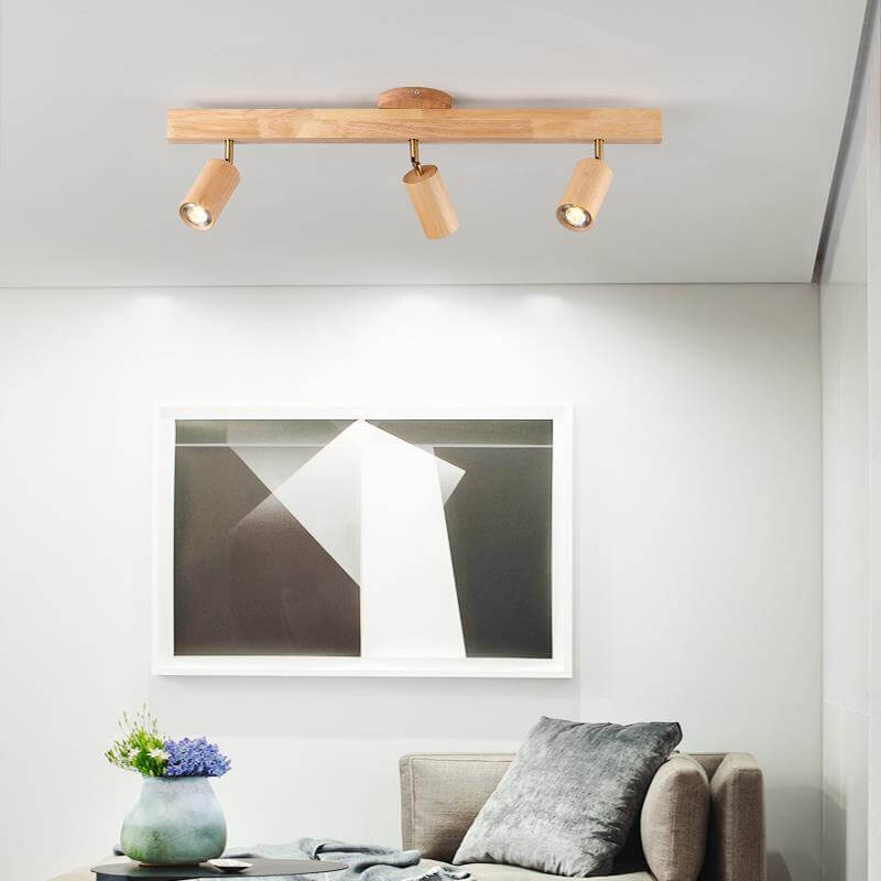 Japanese Minimalist LED Semi-Flush Mount Wooden Track Lighting - 2/3/4/5 Light Options