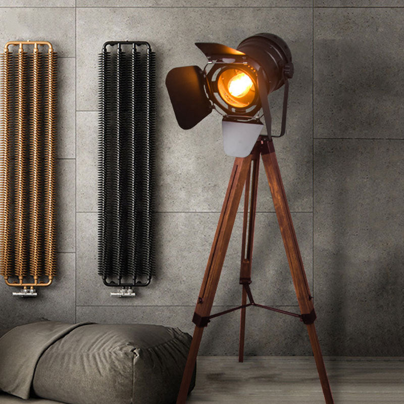 Vintage Industrial Solid Wood & Iron Tripod Floor Lamp