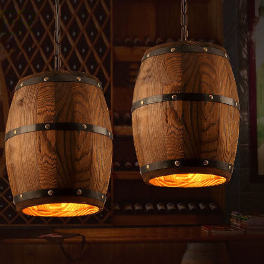 Rustic Round Wooden Wine Barrel Pendant Light