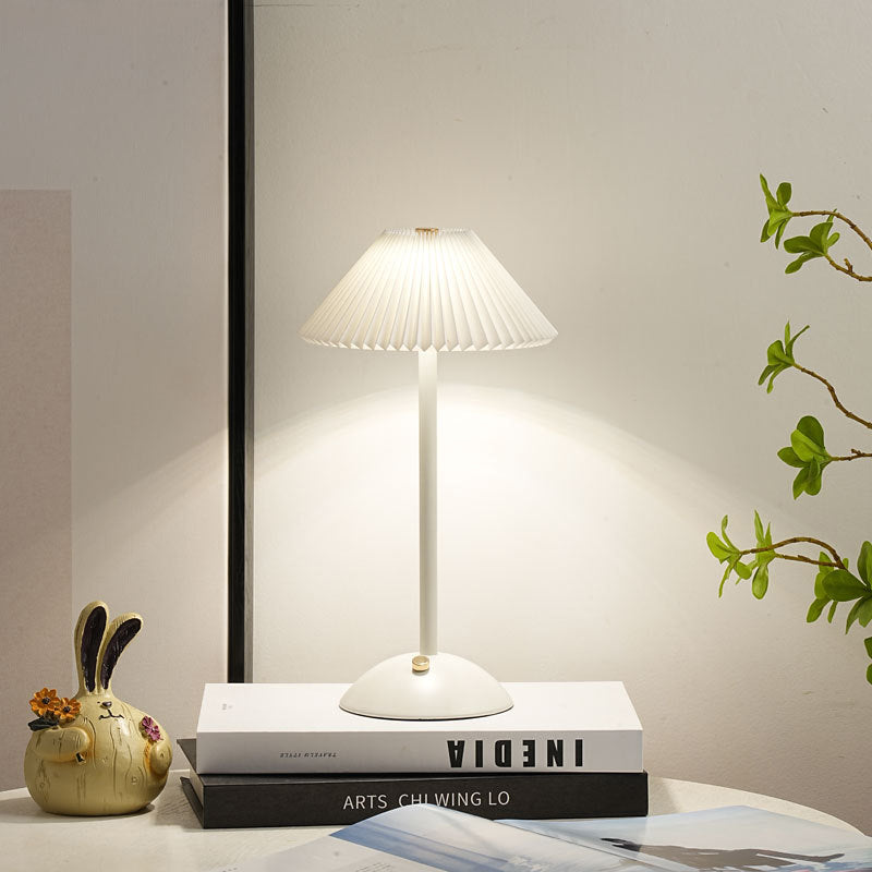 Scandinavian Rechargeable Conic Pleated Table Lamp - 1-Light Bedside Design