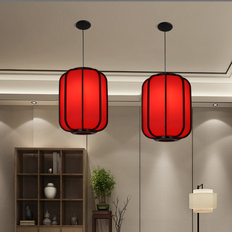 Contemporary Wooden Lantern Pendant Light with Faux Sheepskin - 1-Light