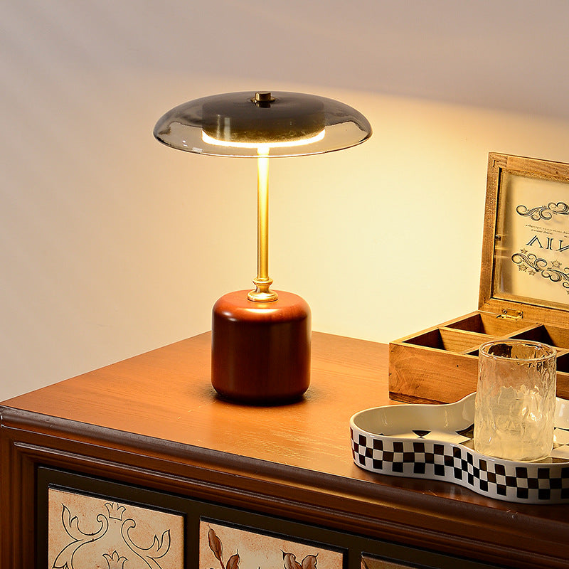 Modern Retro Brass and Wood Round LED Table Lamp
