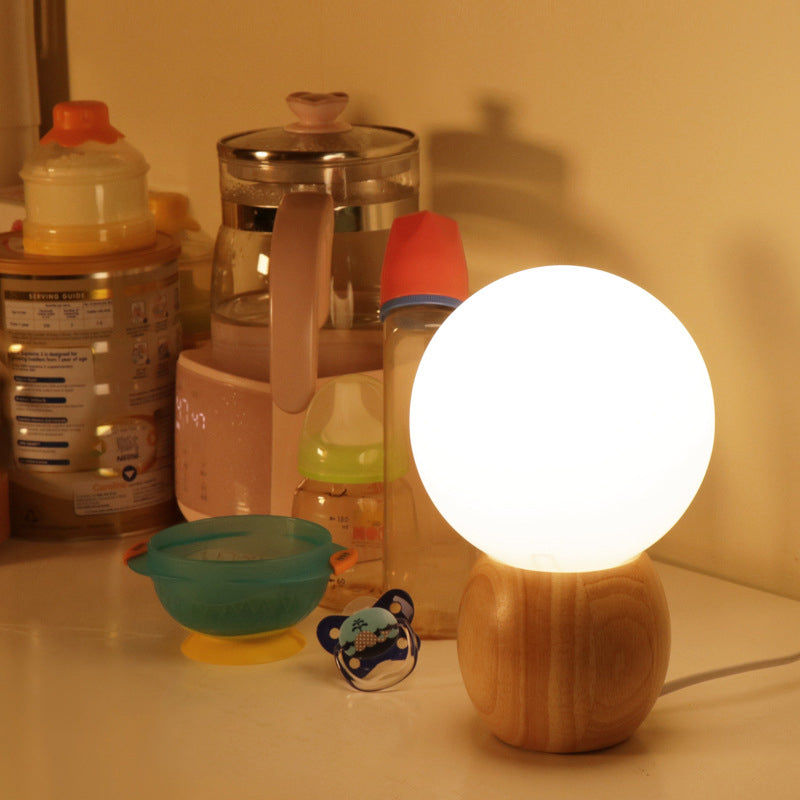 Scandinavian Orb Glass Table Lamp with Wood Base - 1-Light Design for Bedroom