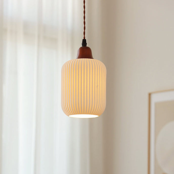 Vintage Japanese Ceramic Dome Pendant Light with Wood