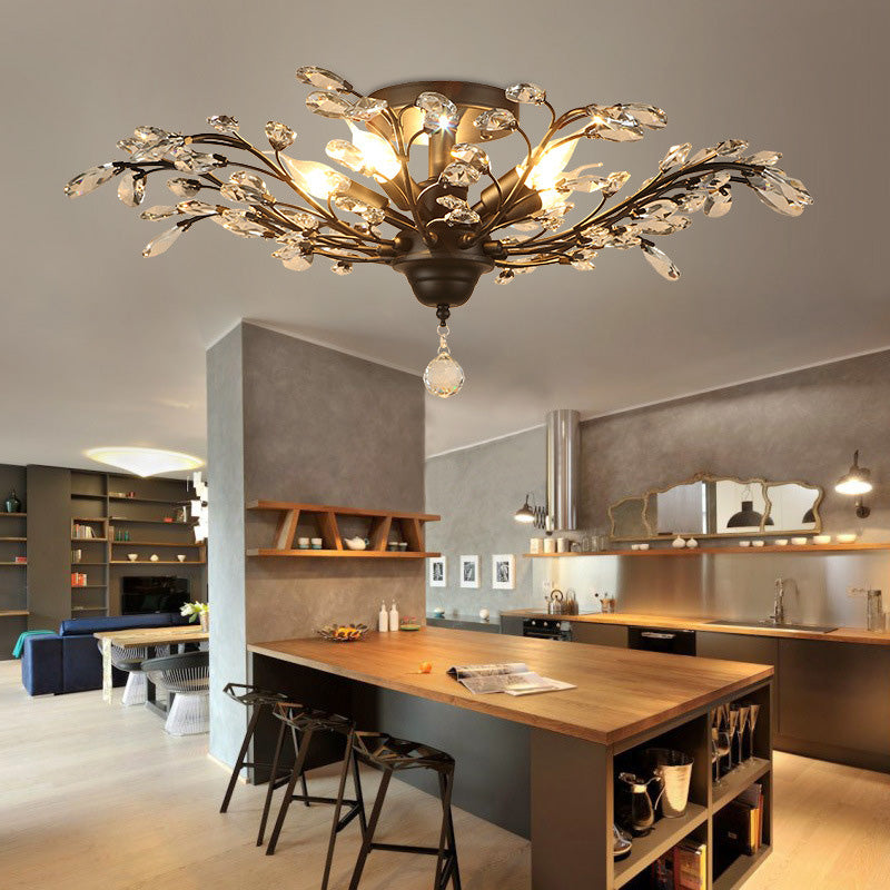 European Style Iron and Crystal Semi-Flush Mount Ceiling Light - 4/5/6 Lights for Living Room