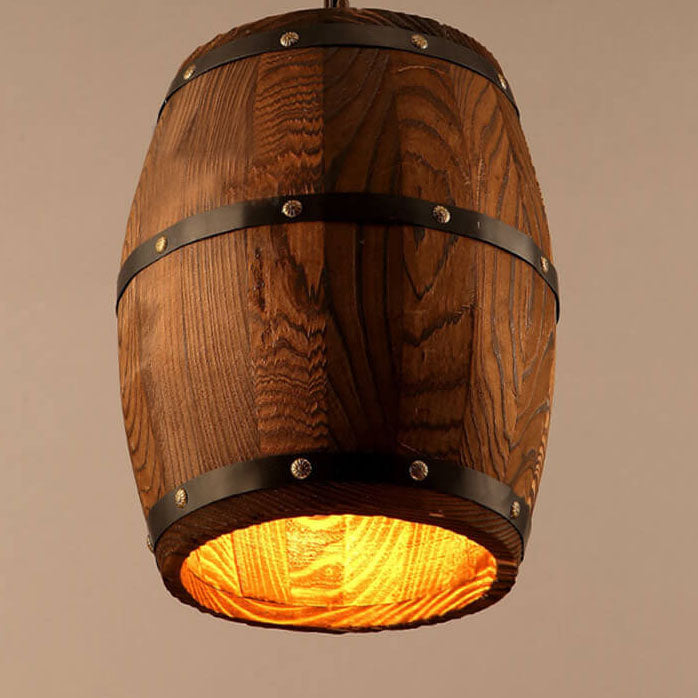 Rustic Round Wooden Wine Barrel Pendant Light