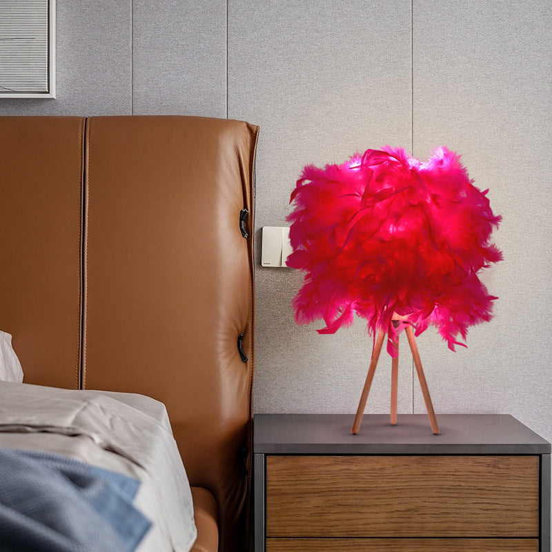 Art Deco Feather Wood Cylinder Table Lamp - 1-Light Design for Bedside