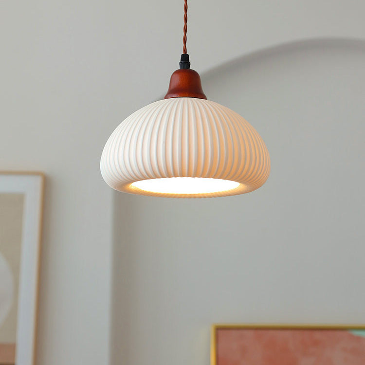 Vintage Japanese Ceramic Dome Pendant Light with Wood