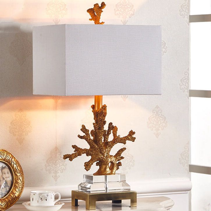 Art Deco Linen and Resin Table Lamp with Coral Base - 1-Light Design for Bedroom