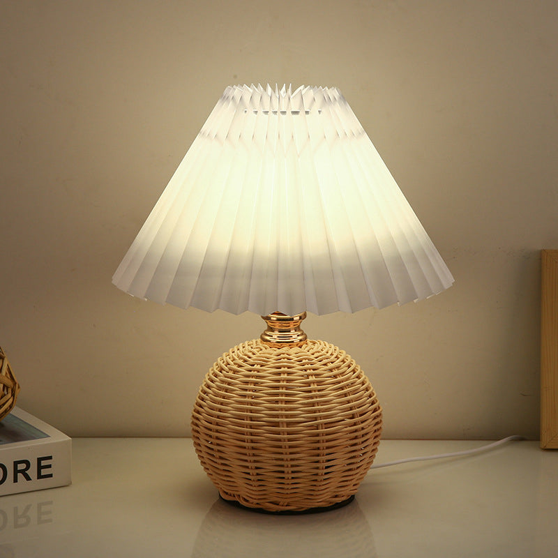Nordic Rattan Pleated LED Table Lamp for Bedroom