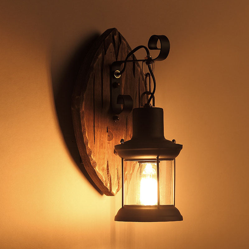 Farmhouse Wood Disc Wall Sconce with Iron Shade