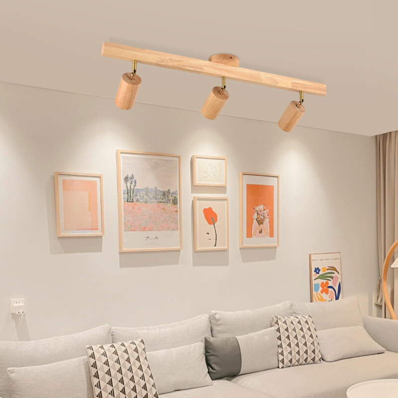 Japanese Minimalist LED Semi-Flush Mount Wooden Track Lighting - 2/3/4/5 Light Options