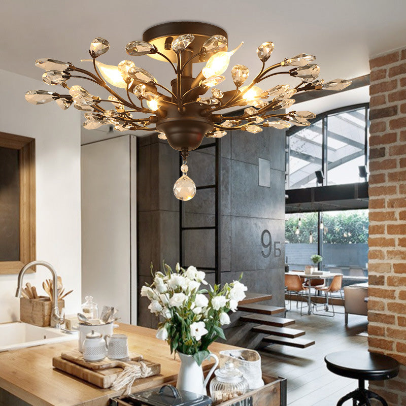 European Style Iron and Crystal Semi-Flush Mount Ceiling Light - 4/5/6 Lights for Living Room