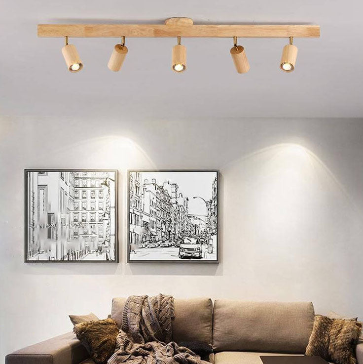 Japanese Minimalist LED Semi-Flush Mount Wooden Track Lighting - 2/3/4/5 Light Options